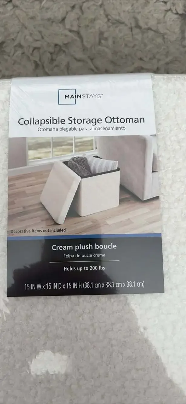 Mainstays Collapsible Storage Ottoman, Cream Plush Boucle, 15